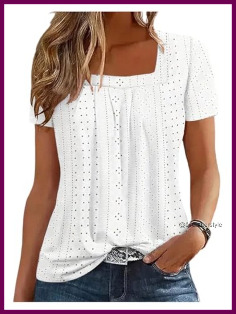 Plus Size Eyelet Top Square Neck Short Sleeve T-Shirt Lightweight Soft Stretch